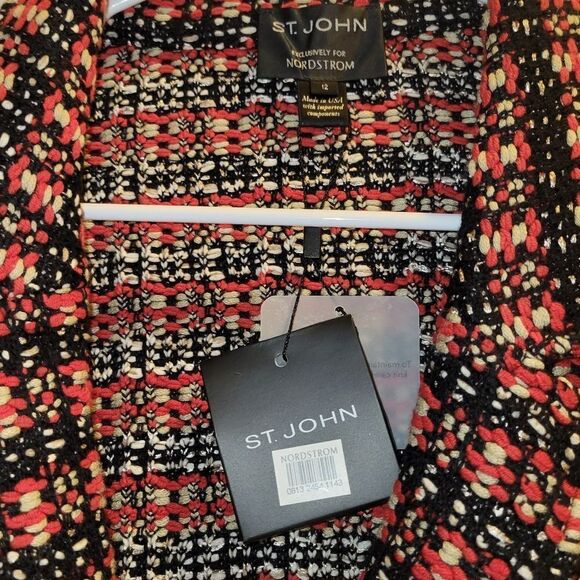 St. John Multi Black Red Tweed Single Breasted Button Blazer Jacket Sz 12 New - Picture 7 of 15